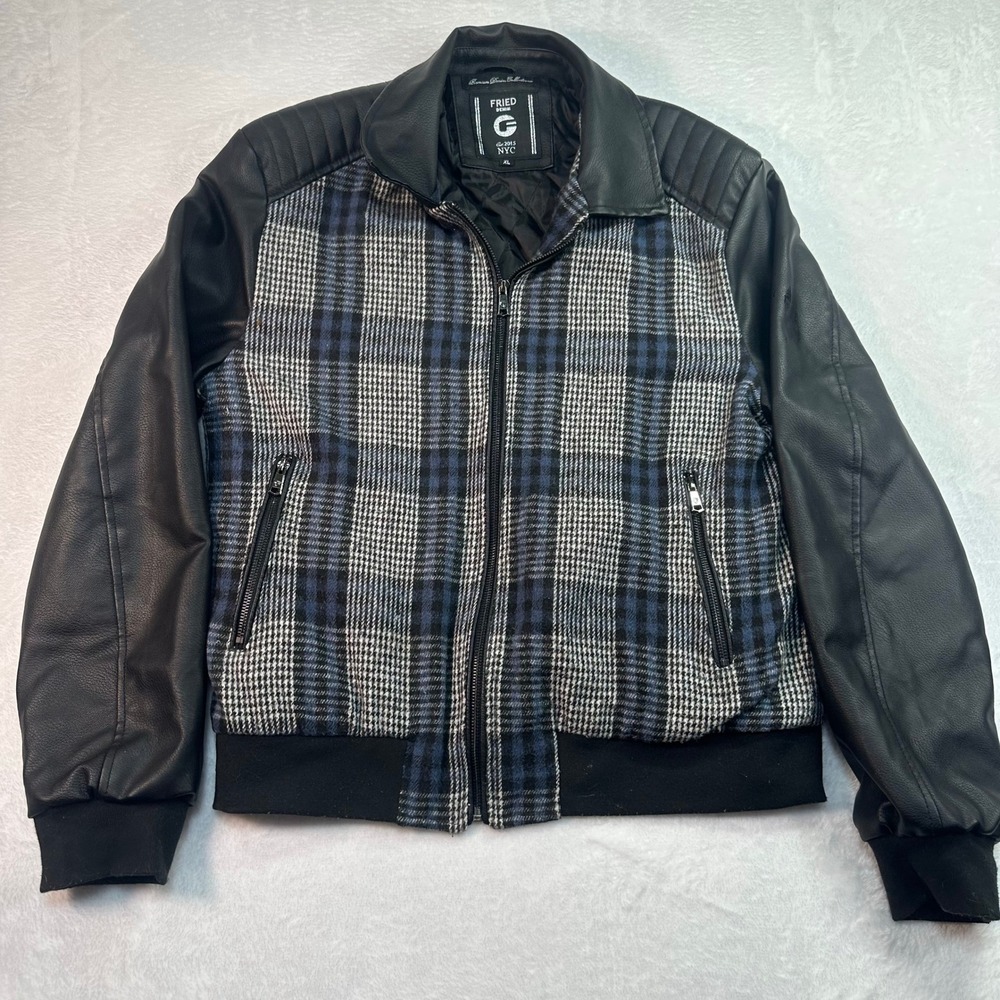 Fried Denim Bomber Jacket‎ Mens XL Black Blue Plaid Faux Leather Sleeves Quilted